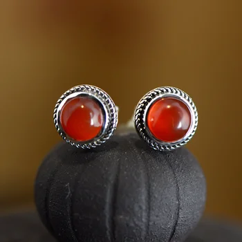 

Wholesale 925 Sterling Silver Natural Stone Red Agate Studs Earrings For Women Vintage Fine Jewellery Accessories Bisuteria