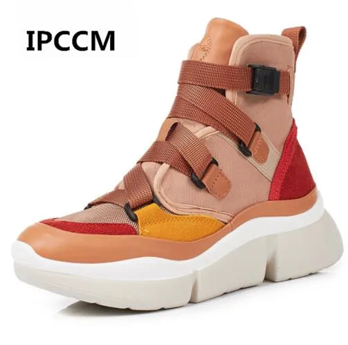 

IPCCM Cross-tied Women Ankle Boots Slip on Platform Motorcycle Ankle Boots Winter Wedges Shoes Woman 2 Colors XWD6844