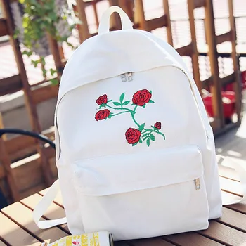 

Aelicy Fashion White Backpack Women Rose Embroidery Canvas Backpack Solid Large Capacity Travel Bags Teenager School Bag S23