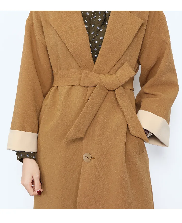 Temperament Belt Lapel Trench Coat Solid Color Women Fashion Windbreaker With Belt Elegant Slim Long Sleeve Casual