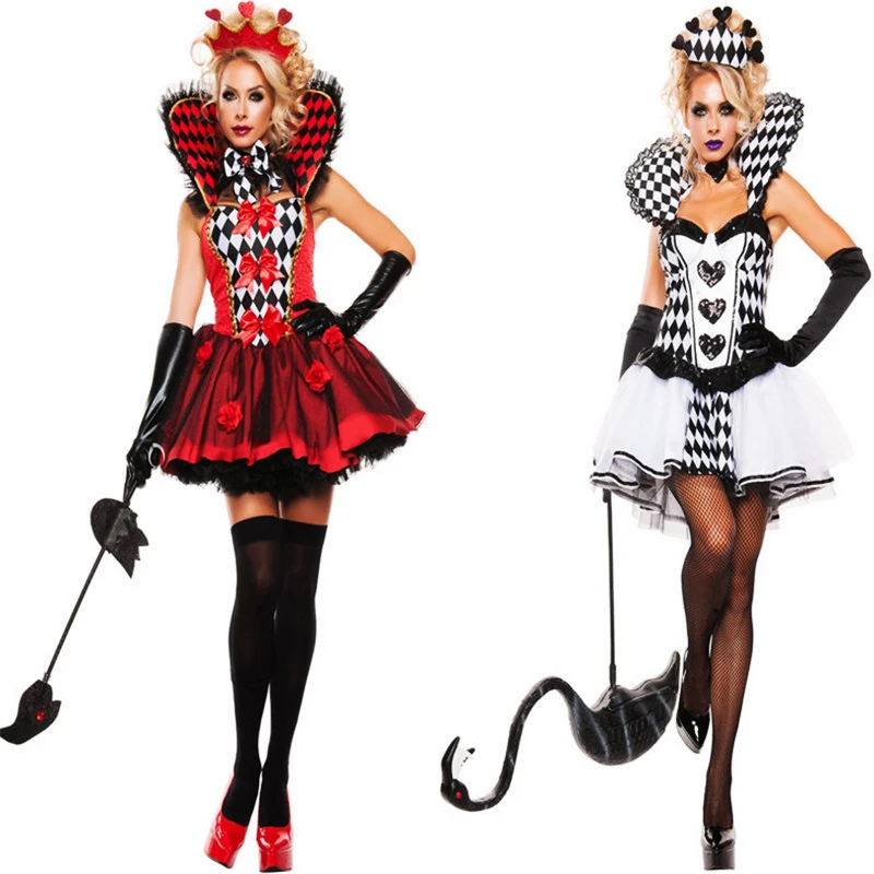 

2018 new Deluxe Black/White Queen Of Black Hearts Dress Gothic Party Fancy Uniform Cosplay clothing Halloween Costumes For Women