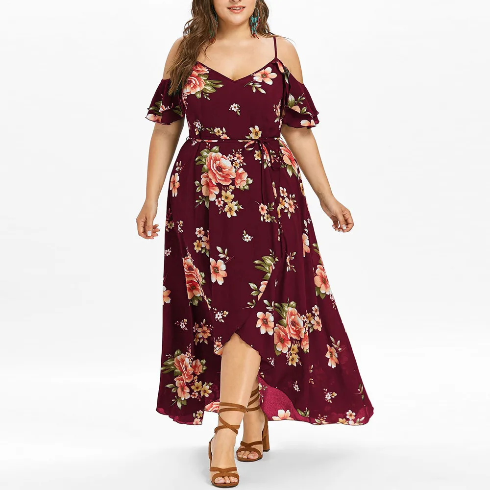 Размера плюс, летнее женское платье с цветочным принтом, высокое пикантное платье с разрезом, с открытыми плечами, богемное, на шнуровке, повседневное длинное платье, Пляжное винтажное платье