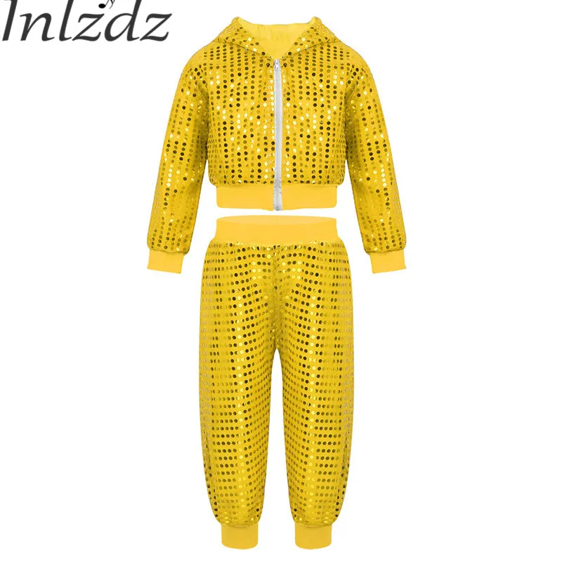

Inlzdz Kids Boys Shiny Sequins Hip-hop Jazz Long Sleeve Clothes for Girls Tops with Pants Set Performance Costume Dance Wear