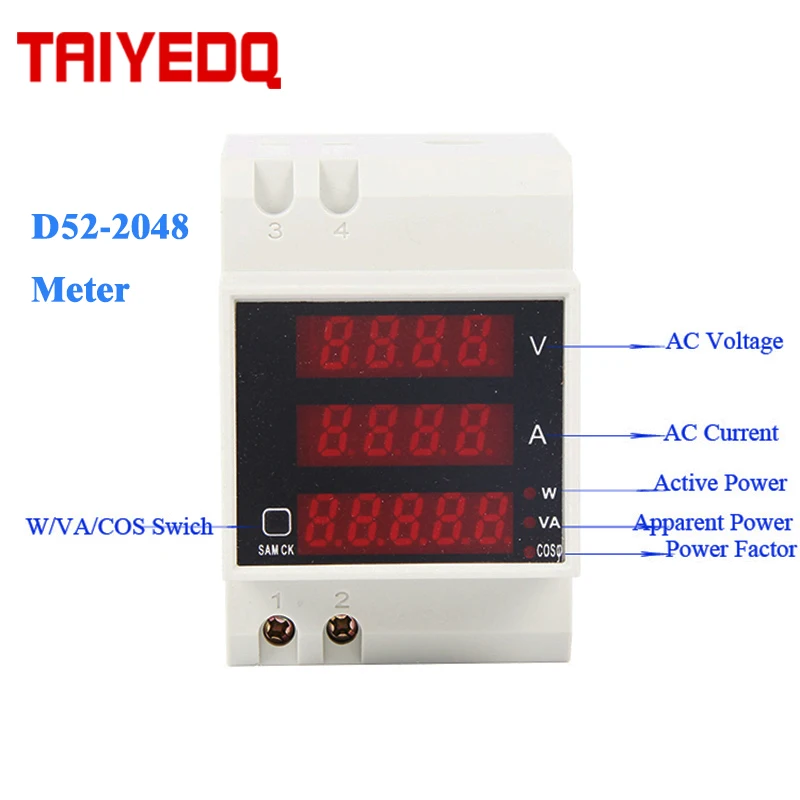 

Smart home meter D52-2048 Din rail LED Volt current Meter Active Power Factor AC80-300V multifunction meter 100A