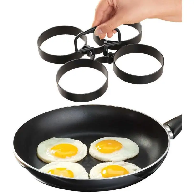 Black Nonstick Egg Pancake Ring Set Egg Mould Removable Handle 4 Rings