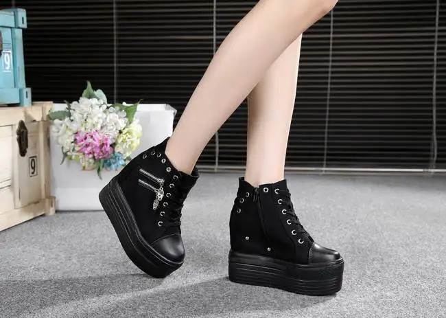 Fashion Autumn High Heel Casual Shoes Canvas Women Shoes Lace-Up Breathable Women Sneakers Zipper Platform Ladies Shoes Women