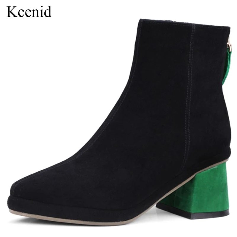 

Kcenid 2019 autumn new pointed toe basic ankle boot heel green black ladies shoes woman kid suede high heels elegant short boots