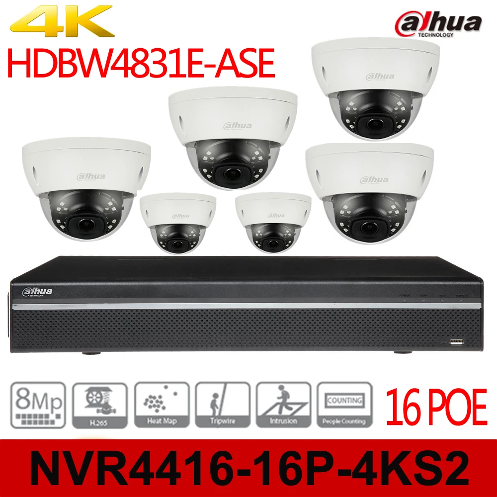Dahua 4k NVR kits DH NVR4416 16P 4KS2 16 PoE 8mp ip camera HDBW4831E ASE video recorder cctv