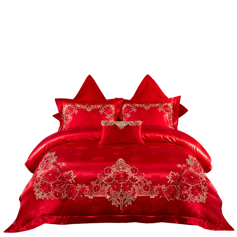 red rose Luxury Embroidery bedding set 4PCs(1 duvet cover+1 flat sheet+