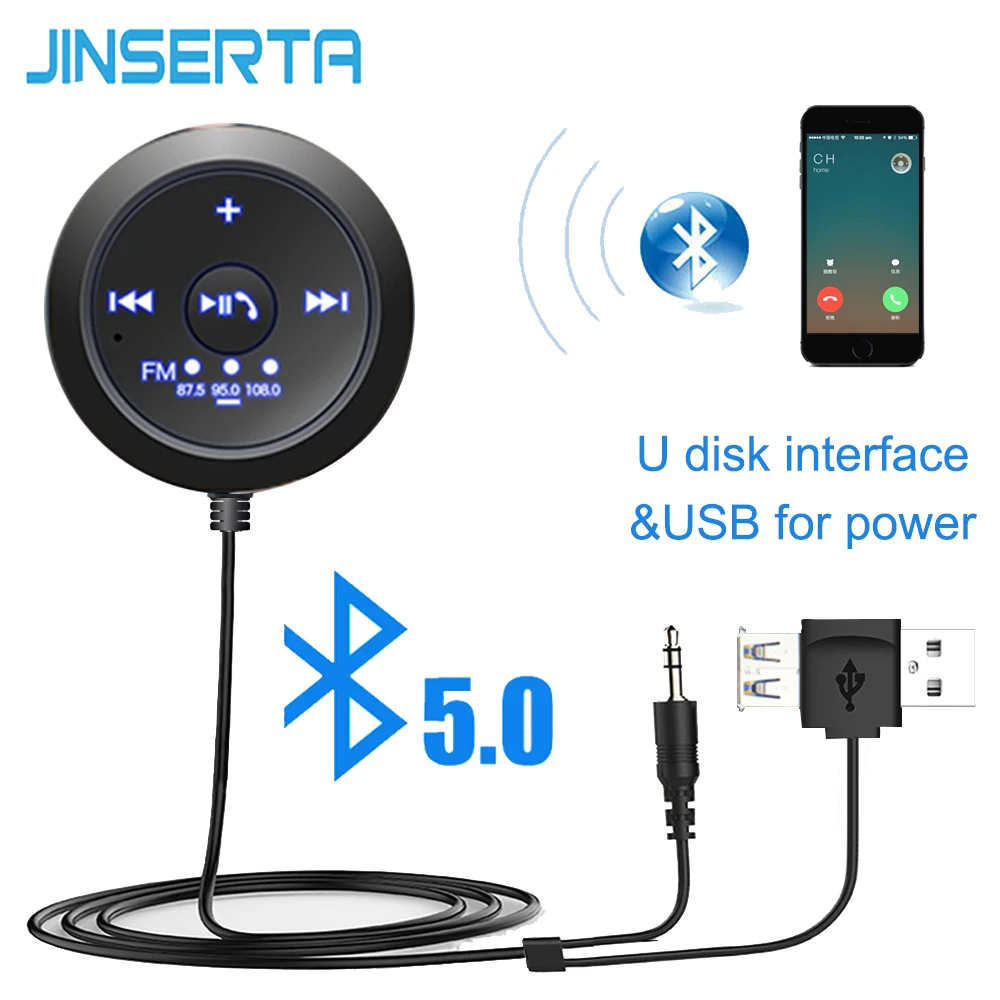 JINSERTA беспроводной Автомобильный Mp3 плеер Bluetooth 5,0 fm-передатчик 3,5 мм AUX аудио адаптер с u-диском воспроизведения музыки USB для питания