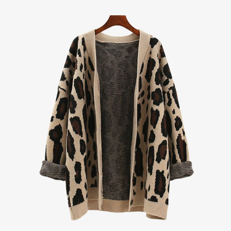 

Women Autumn Leopard Cardigans Sweater Female Long Sleeve Loose Knitted Coats Tops spring new Casual V-Neck Thick Sweaters