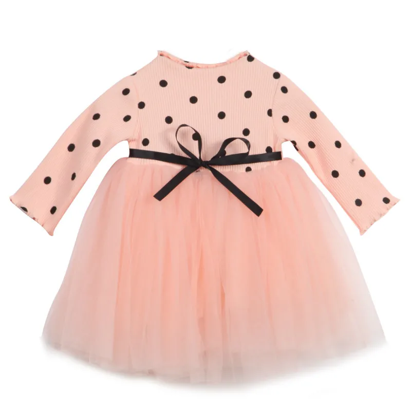 Осенне-зимнее детское платье для девочек новое вязаное платье-пачка в горошек с длинными рукавами для маленьких девочек розовое, белое, черное От 6 месяцев до 4 лет