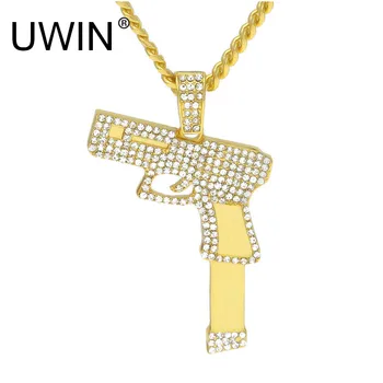 

UWIN New Men Women Rifle Pistol Necklace Iced Out Rhinestone Crystal Charm Gold Handgun Pendant Necklace Fashion Hip hop Jewelry