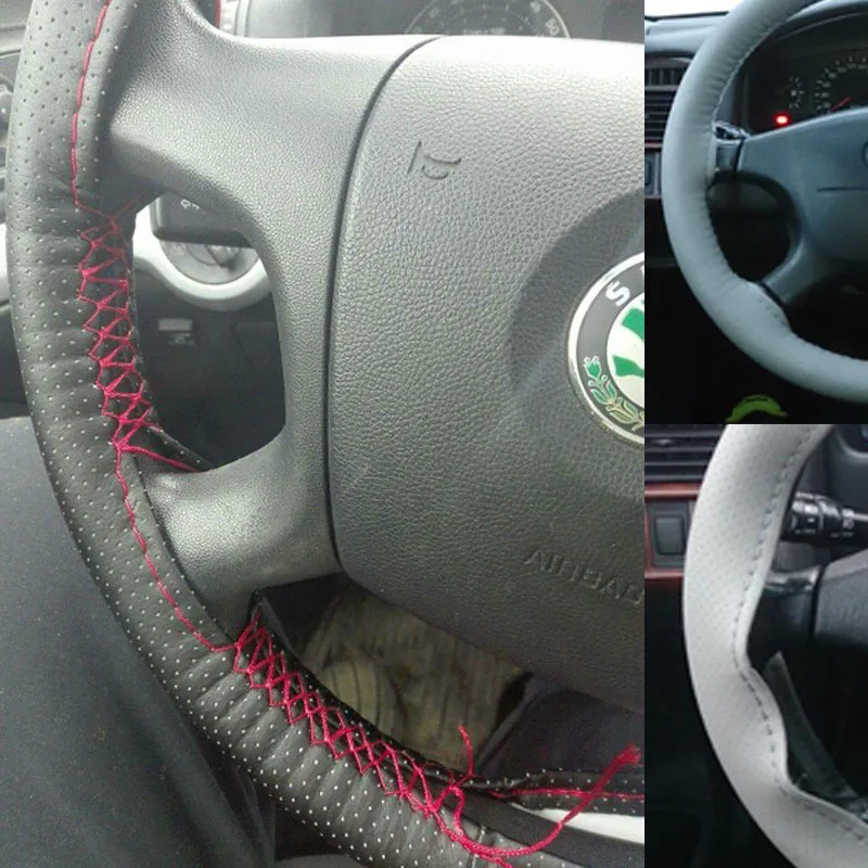 DIY Car Truck Leather Steering Wheel Cover With Needles and Thread Beige