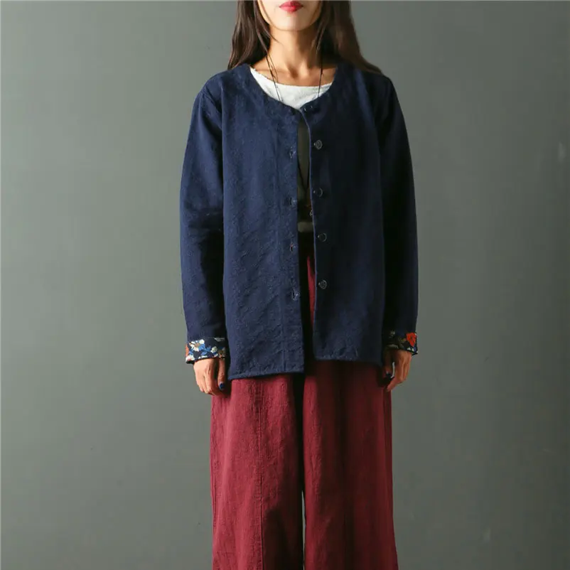 runback Jacquard Jacket Women Linen Plus Size Cardigan Long Sleeve Autumn Vintage Navy Jackets Woman Winter 2018 Coats