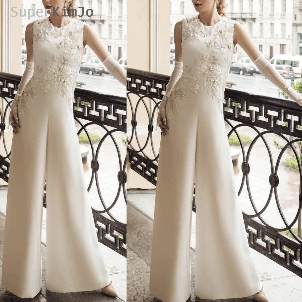 

SuperKimJo Robe De Soiree 2019 Jumpsuits for Weddings Lace Applique Beaded Handmade Flowers Pants for Women Romper for Party