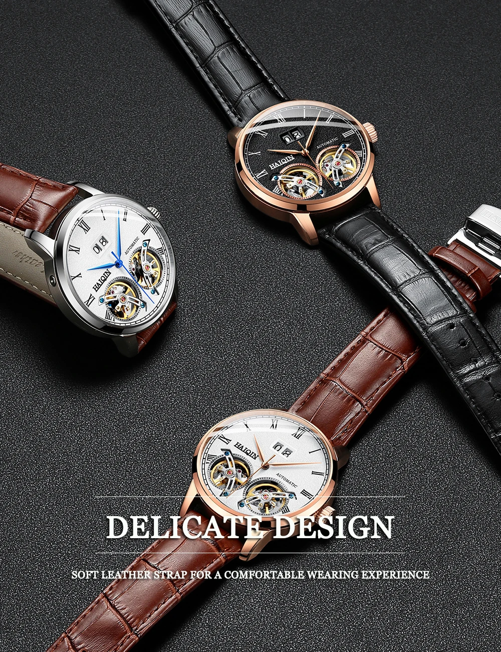 HAIQIN, Лидирующий бренд, мужские часы, автоматические механические, роскошный подарок, деловые часы для мужчин, двойной турбийон, 50 м, водонепроницаемые мужские наручные часы