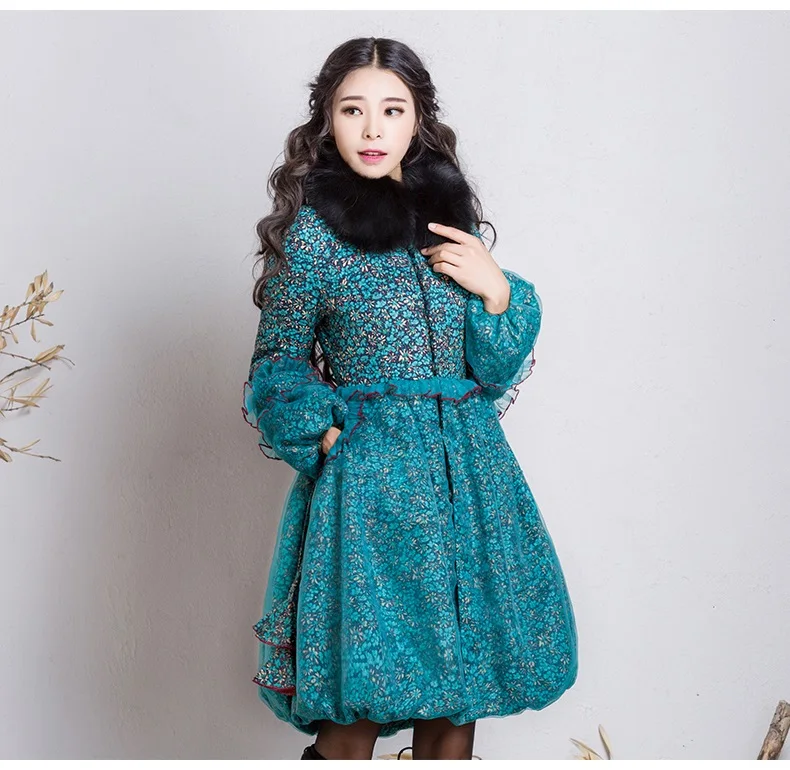 

2016 Winter Jacket coat Women Retro Warm Thicking Fur Collar Organza Patchwork Print  Cotton Padded Down Coat