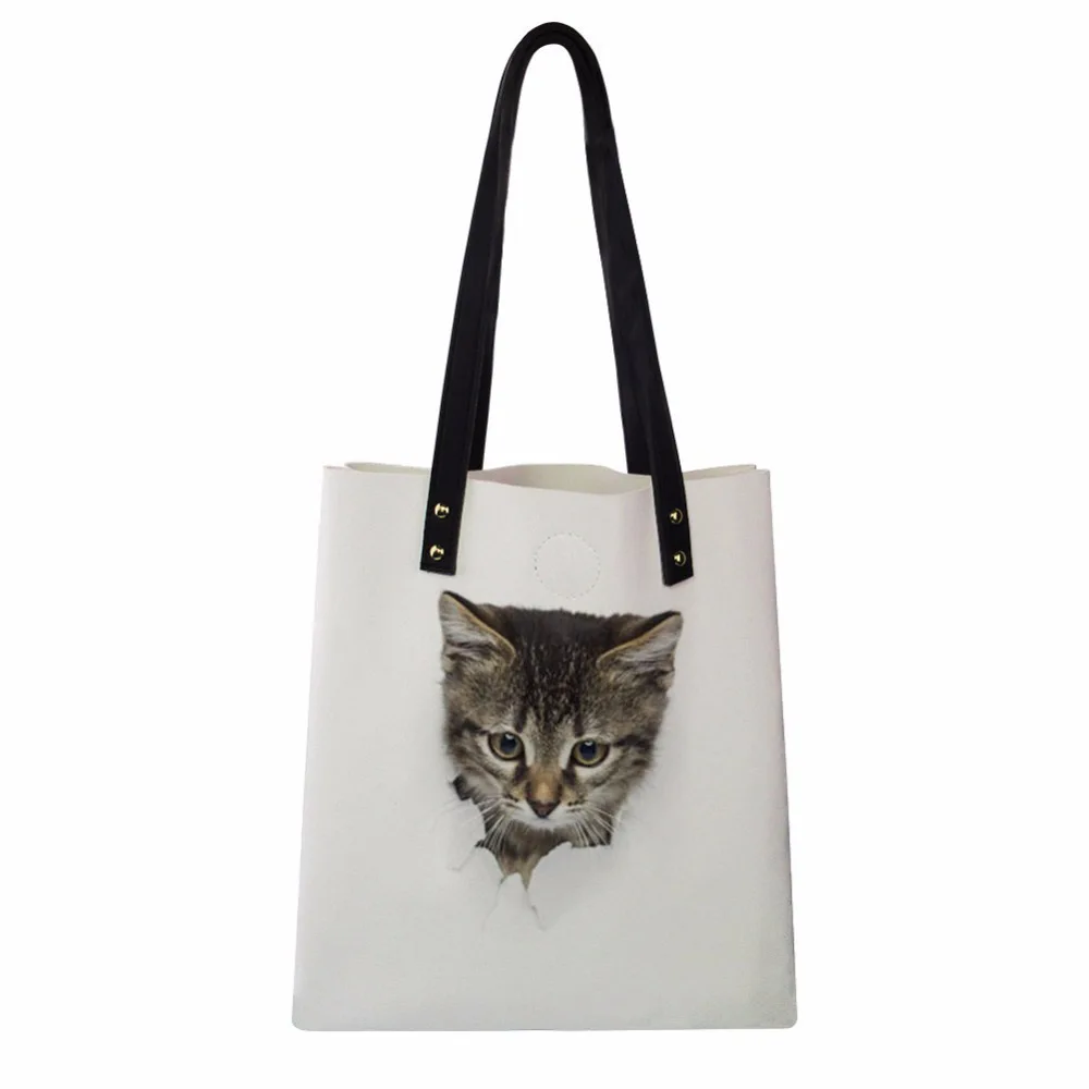 

Customized Girl Shopping Bag Tote Cat Printed Eco Bag PU Leather Women Reusable Handbags Portable Daily Bag with Small Wallets