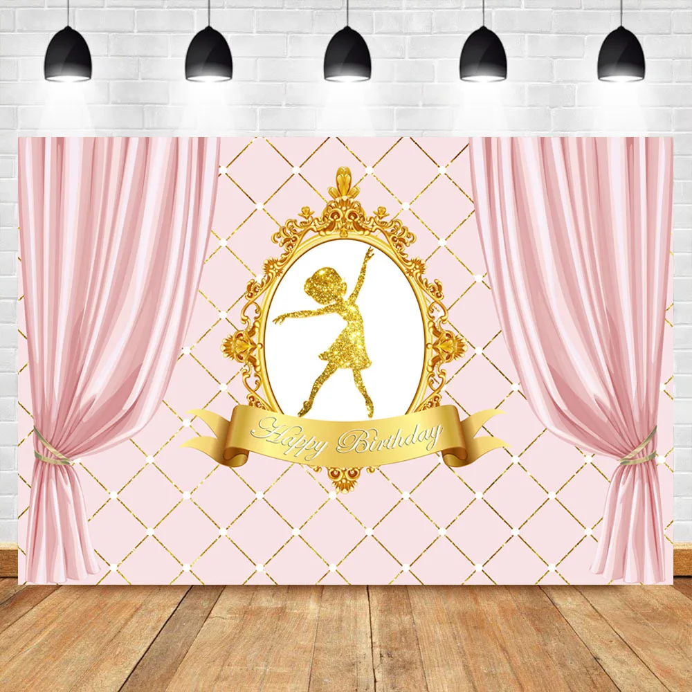 

Baby Shower Birthday Party Photography Backdrops Girl Pink Curtain Gold Shining Dancing Ballet Princess Background Banner
