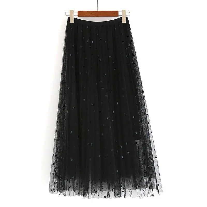 Длинная шифоновая юбка в горошек, весна-осень, эластичная талия, длинная Тюлевая плиссированная юбка для женщин, лето, черные макси юбки для женщин - Цвет: Black