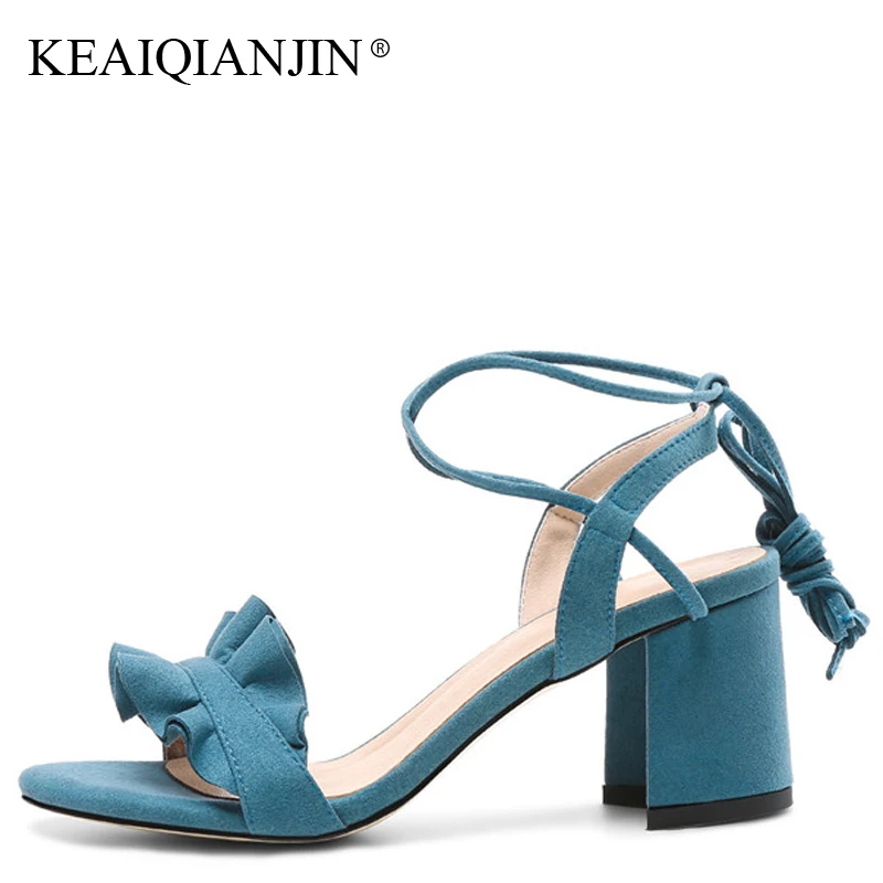 

KEAIQIANJIN Woman Gladiator Sandals Orange Black Blue Genuine Leather High Heeled Shoes Sexy Plus Size 33 - 40 Wedding Sandals