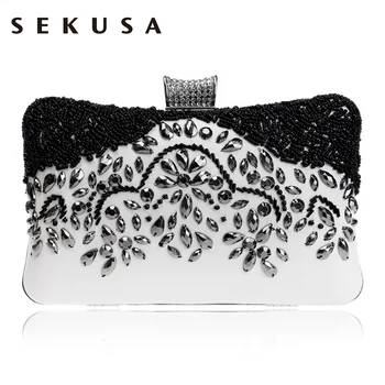 

SEKUSA Fashion Pu Lady Beaded Handmade Evening Bags Black White Color Chain Day Clutches Handbags For Wedding Evening Bag