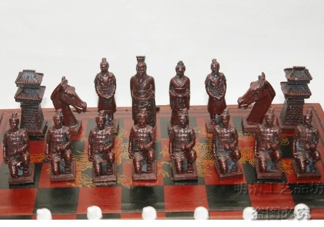 (32 Pieces) Elaborate Chinese Classical Wooden Manual Terracotta Warriors Chess With Red Wood Box (Big Size)