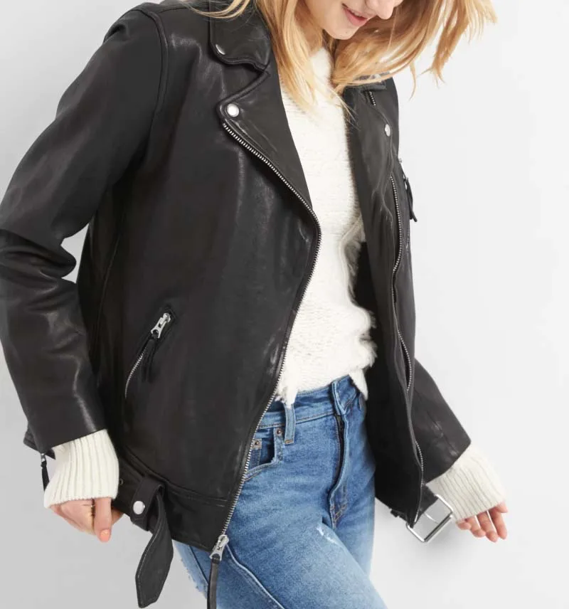 

2018 BF boyfriend style women's oversize genuine leather sheepskin coat motorcycle jacket for lady female black plus big size xl