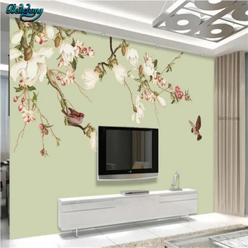 

beibehang Retro Flower Bird Hand Painted TV Backdrop Large Custom Wallpaper Mural House Decorative Painting