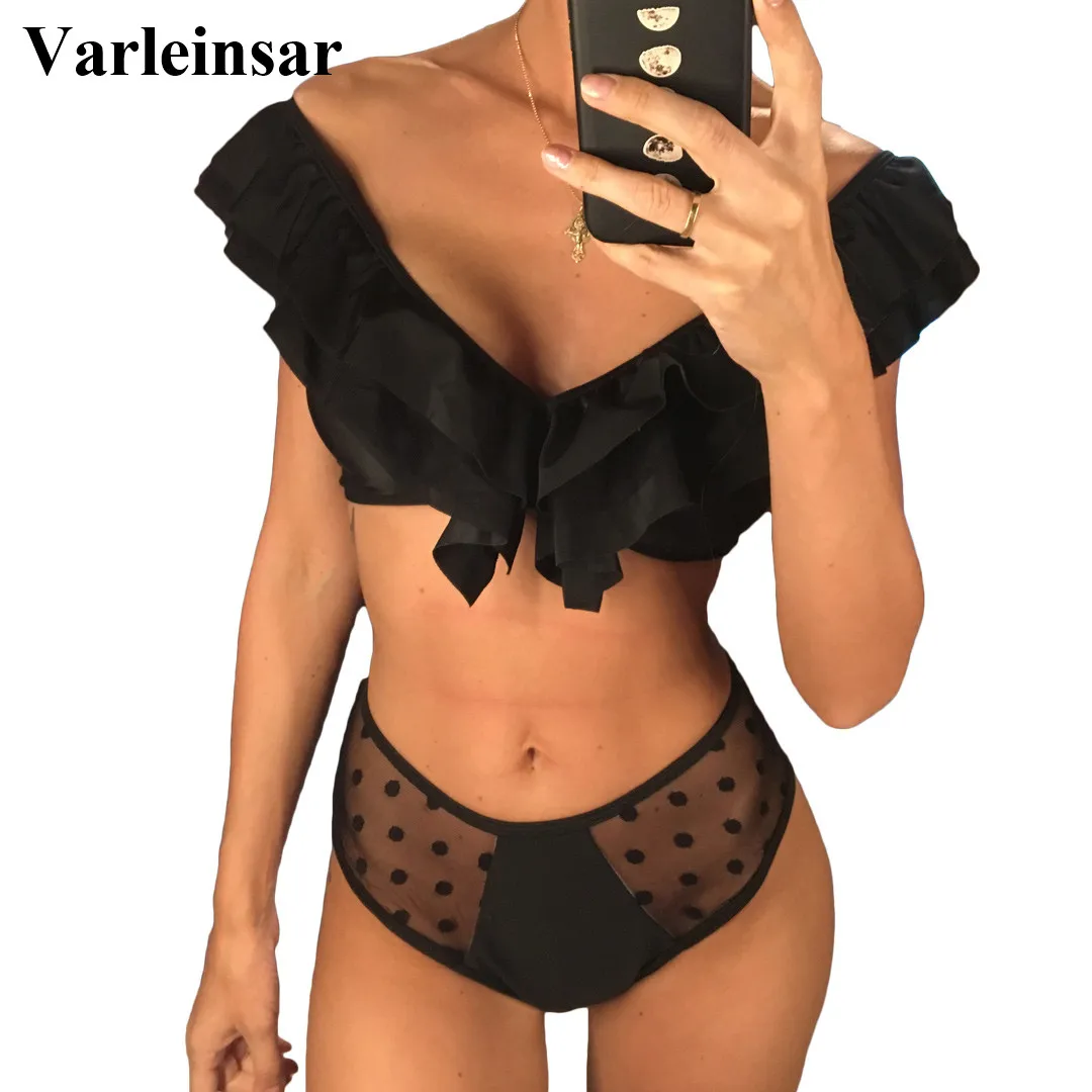 С открытыми плечами Купальник женский с высокой талией бикини 2019 женский купальник Раффлед две штуки набор Сетчатое бикини купальный костюм V1042 купить на AliExpress