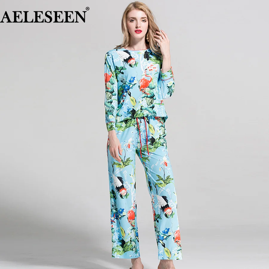 

AELESEEN Female Luxury Casual Twinsets 2018 Holiday Fashion 3/4 Sleeve Sky Blue Crane Print Top + Lacing up Autumn Pant Sets
