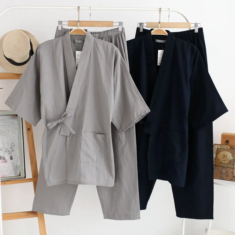 

Autumn Male Pajamas Sets 100% Cotton Kimono Mens Sleepwear Japanese Style Pyjamas Men Soft Home Wear 2 Pieces High Quality