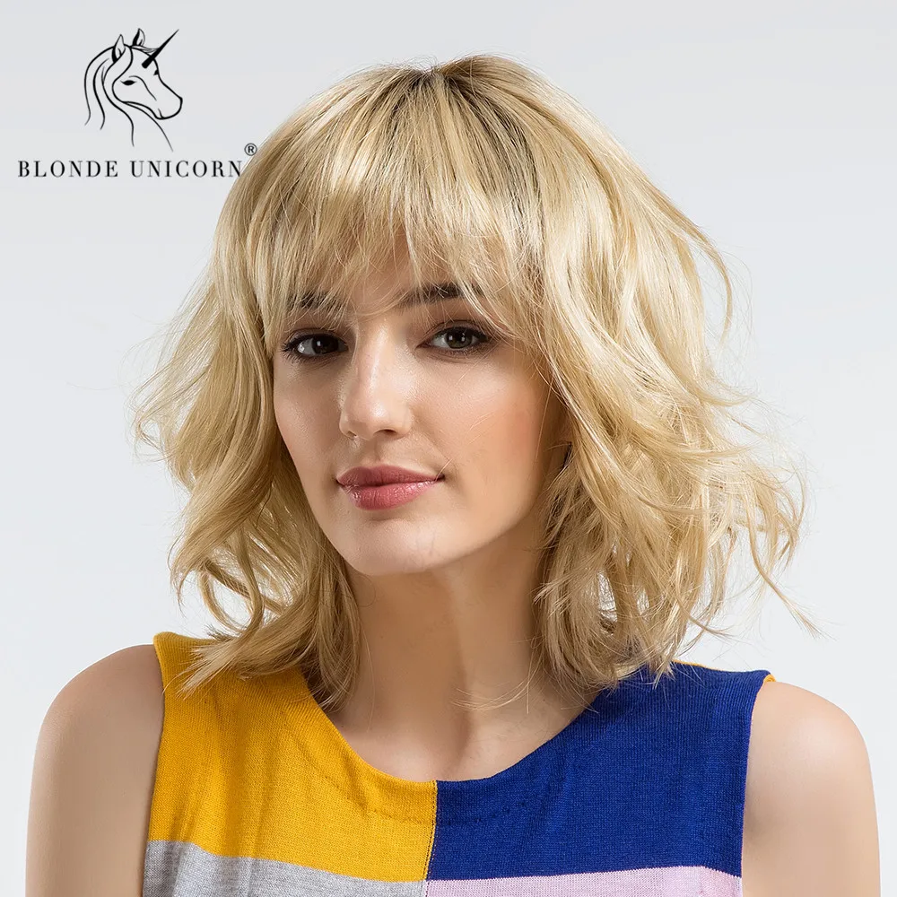 

BLONDE UNICORN Synthetic Wig With Bangs Dark Root Ombre Brown 14 Inch Sexy Fluffy Water Wave Blonde Hair Wigs For Women