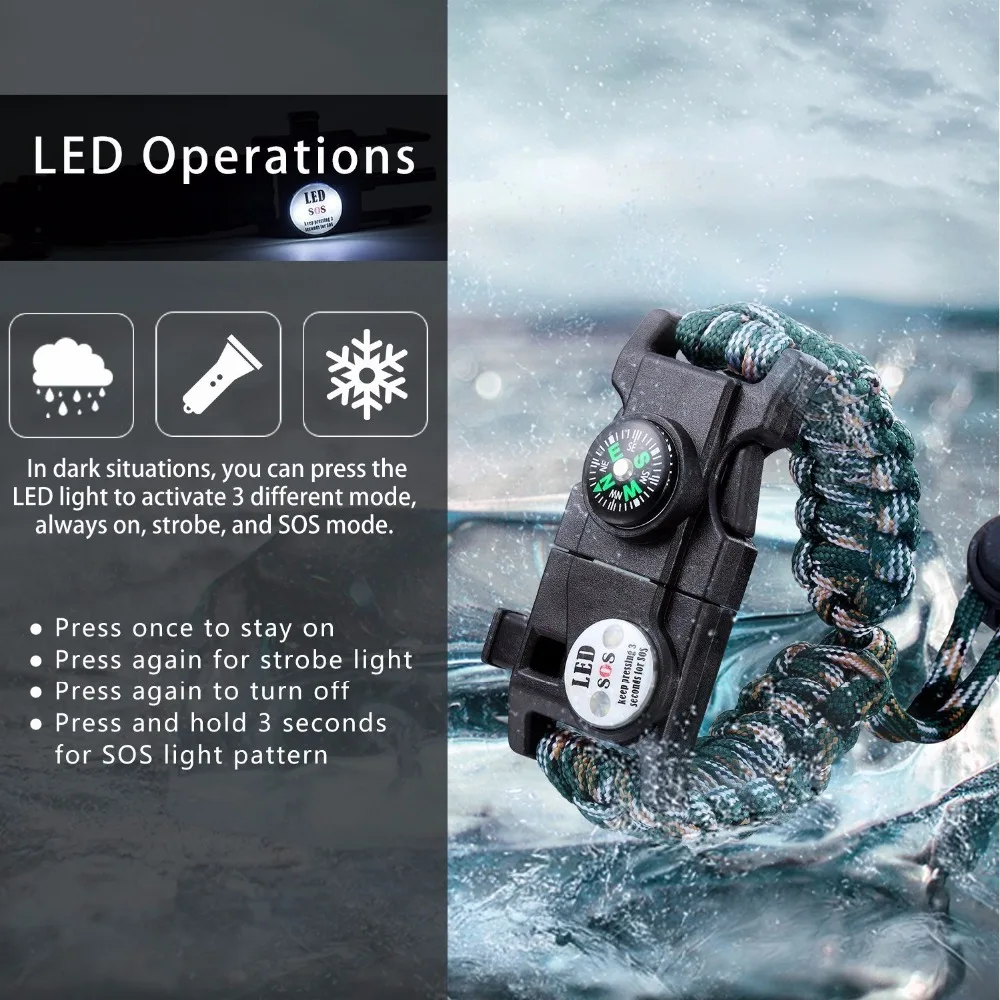 Military Emergency Braided Survival Bracelet With SOS LED Paracord Outdoor Camping Rescue Rope Bangles Compass Whistle Knife