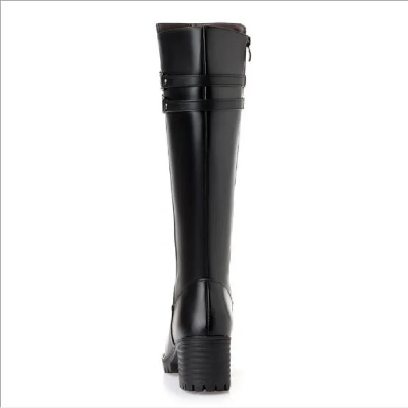 Botas Nuevo Tamaño Wool Genuino 43 Zapatos Invierno 2018 plush Tacón Cremallera Lana Black Dentro Decoración Mujer De Black Cuero Grueso Rodilla Hebilla 35 La Alto adPPRv