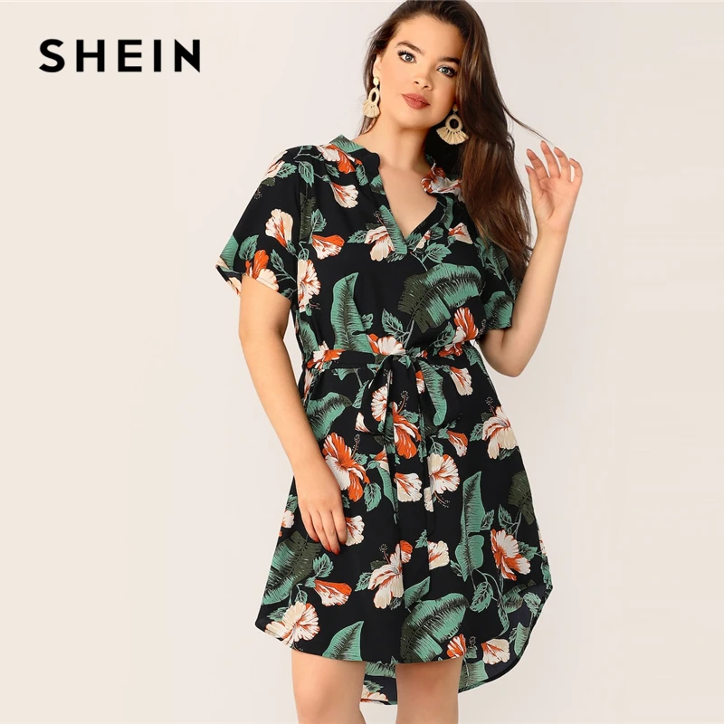 SHEIN بوهو متعدد الألوان زائد حجم الاستوائية طباعة مربوط ميدي اللباس 2019 كم منتظم V الرقبة عارضة شاطئ عطلة فساتين