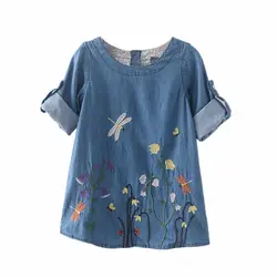 Weixinbuy/Осенняя детская одежда Повседневное Стиль рубашка для девочек платье с вышитыми бабочками одежда для детей