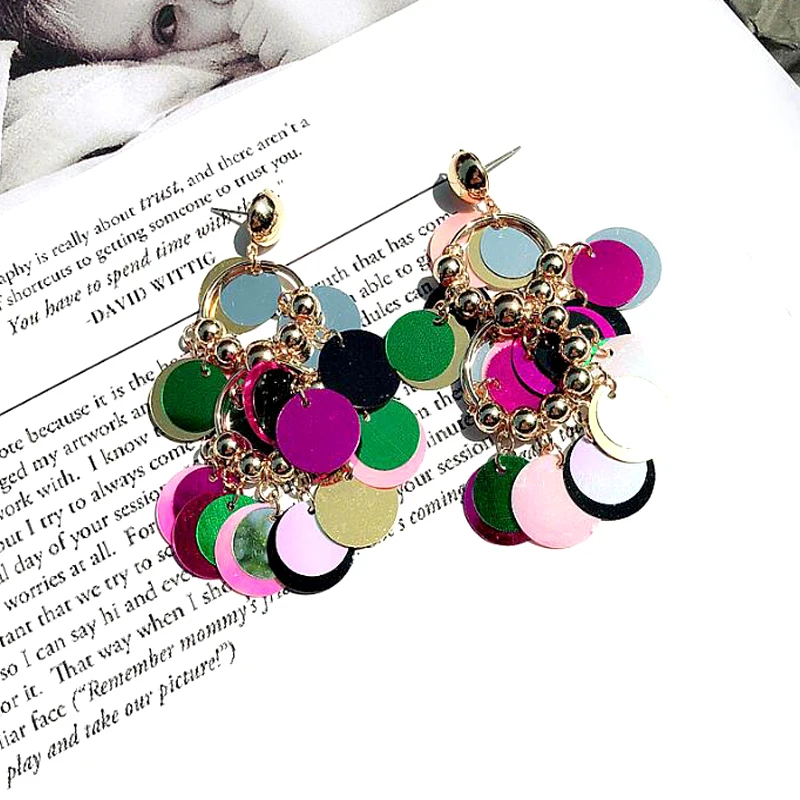

New 2019 boho Style Candy Color Flower Sequin Drop Earrings Handmade Long Big Acrylic Dangle Earring Fashion Jewelry