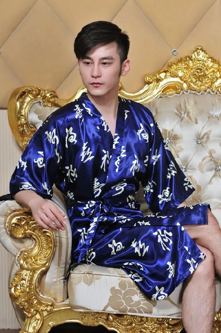 Китайский Фу(Счастливый) Лу(Богатство) Шоу(Долголетие) человека темно-синий Шелк Халаты и пижамы