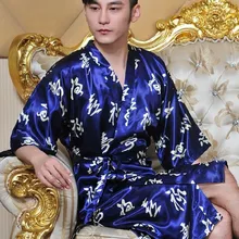 Китайский Фу(Счастливый) Лу(Богатство) Шоу(Долголетие) человека темно-синий Шелк Халаты и пижамы