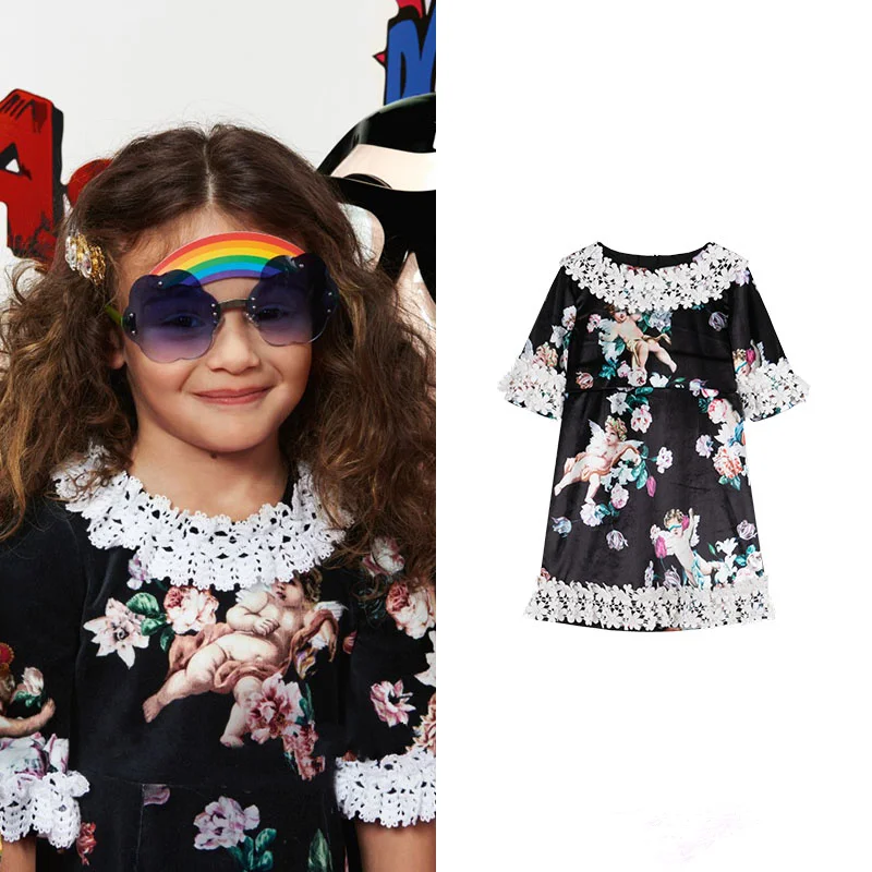 

Girls' clothing Customized little angel print velvet court lace dress