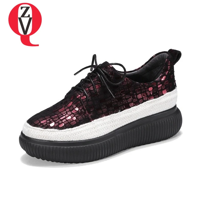 

ZVQ soft sheepskin lace-up campus all-match style shoes plus size absorb sweat breathable plaid manual women pumps