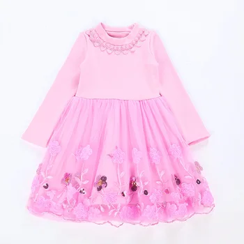 

Girl Clothing Autumn Style Lace Flowers Appliques Pearls Baby Girls Casual Dresses Children's Clothing 3 Color 4-12T