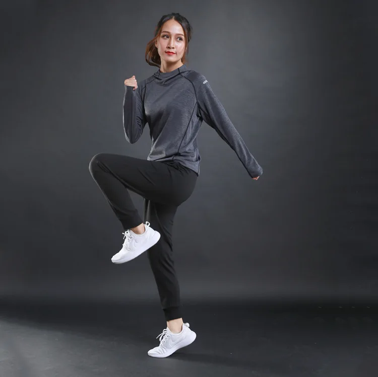 Осенние тонкие женские футболки для бега спортивные фитнес-светшоты с длинными рукавами быстросохнущие тренировочные дышащие спортивные костюмы для йоги с капюшоном