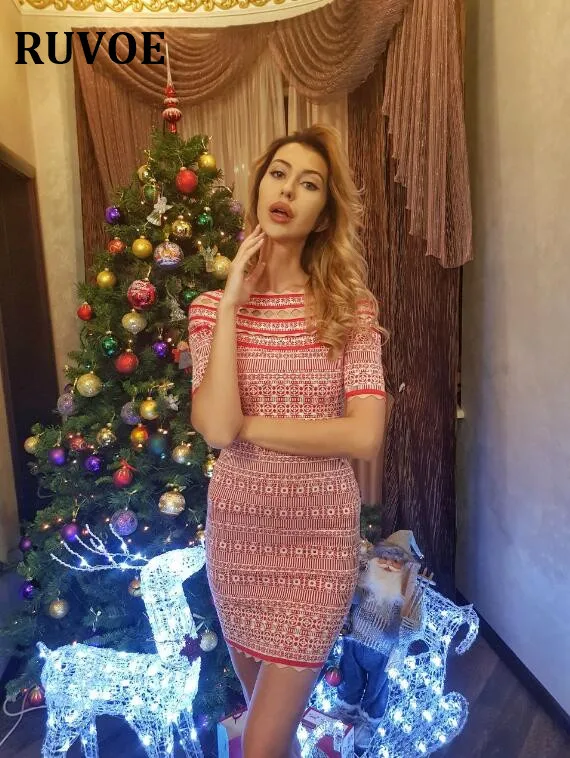 Hihg качества Зимние Модные жаккардовое Бандажное платье с вырезом лодочкой бодикон с коротким рукавом Мини праздничное платье на Рождество клуб K-84