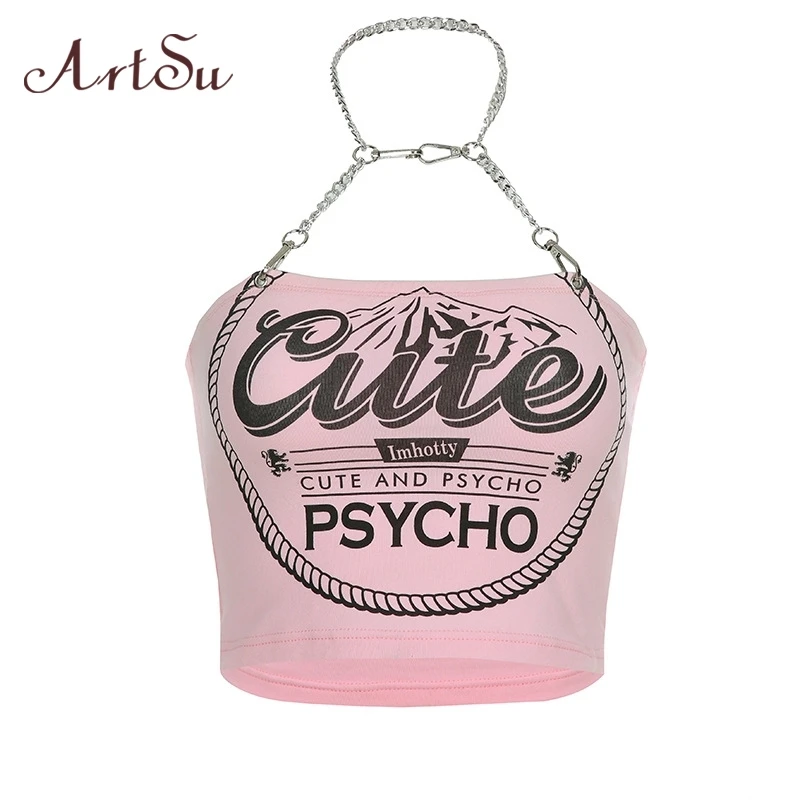 

ArtSu Printed Chain Top Halter Sexy Backless Croptop Summer Sleeveless Women Cami Top Harajuku Pink Vest Streetwear ASVE20738