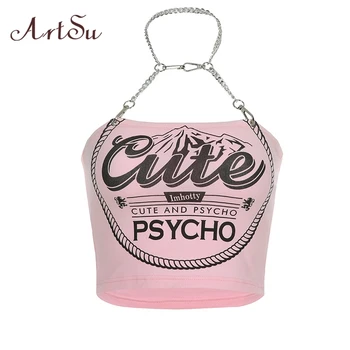

ArtSu Printed Chain Top Halter Sexy Backless Croptop Summer Sleeveless Women Cami Top Harajuku Pink Vest Streetwear ASVE20738