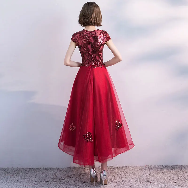 FADISTEE Hot sale short dresses high-low back cocktail party zipper simple style satin sequin Burgundy prom dress style