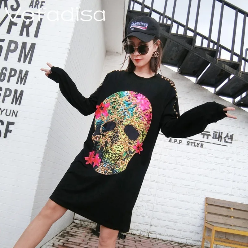 

Vefadisa Women Knee-Length Dress Skull Pattern Dress Hollow Out Sleeve With Rivet Loose Dress Women Autumn Black Dress DQ0003